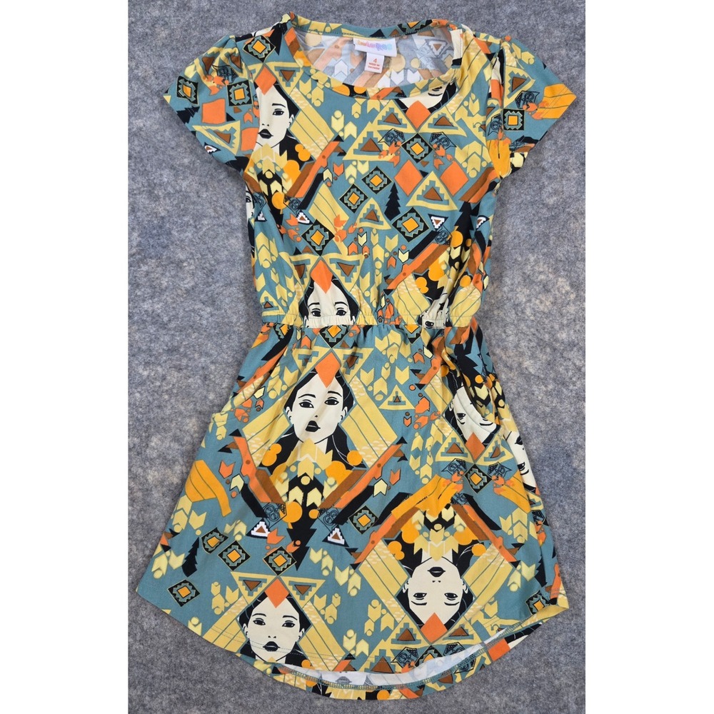 LuLaRoe Disney Pocahontas Dress Kids Size 4 Teal Orange Geometric Tribal Print